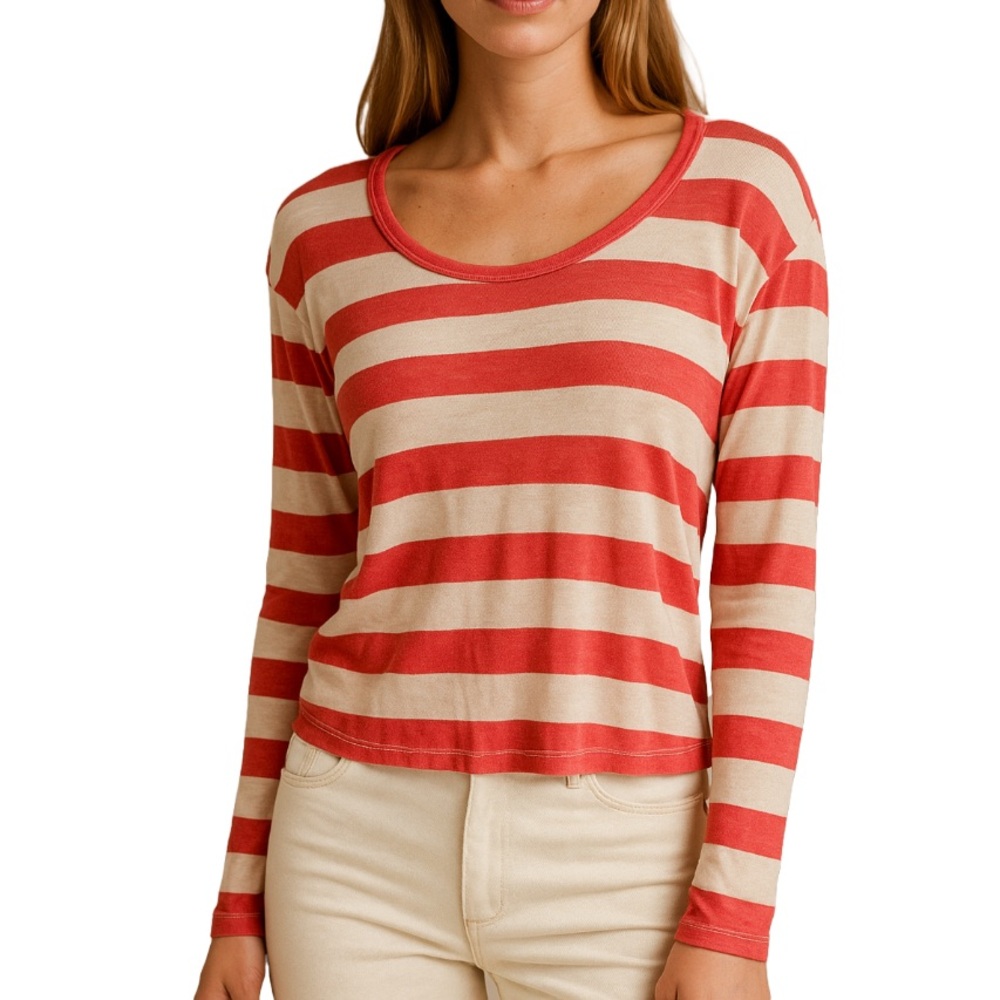 Black Bead Coral & Cream Stripe High-Low Long Sleeve Top | Large
